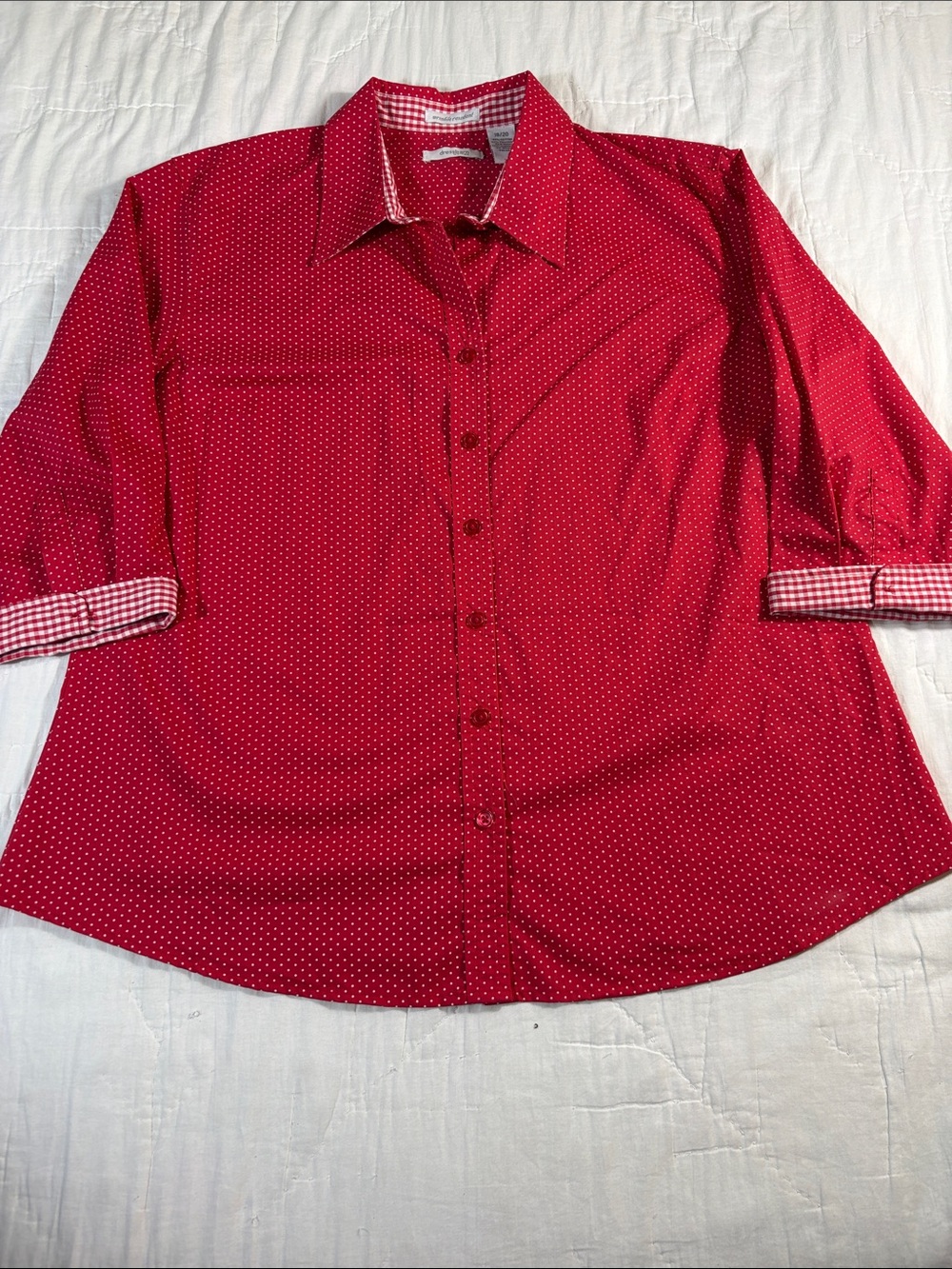 Dressbarn Woman Size 18/20 Red Polka Dot Wrinkle Resistant 3/4 Sleeve Shirt